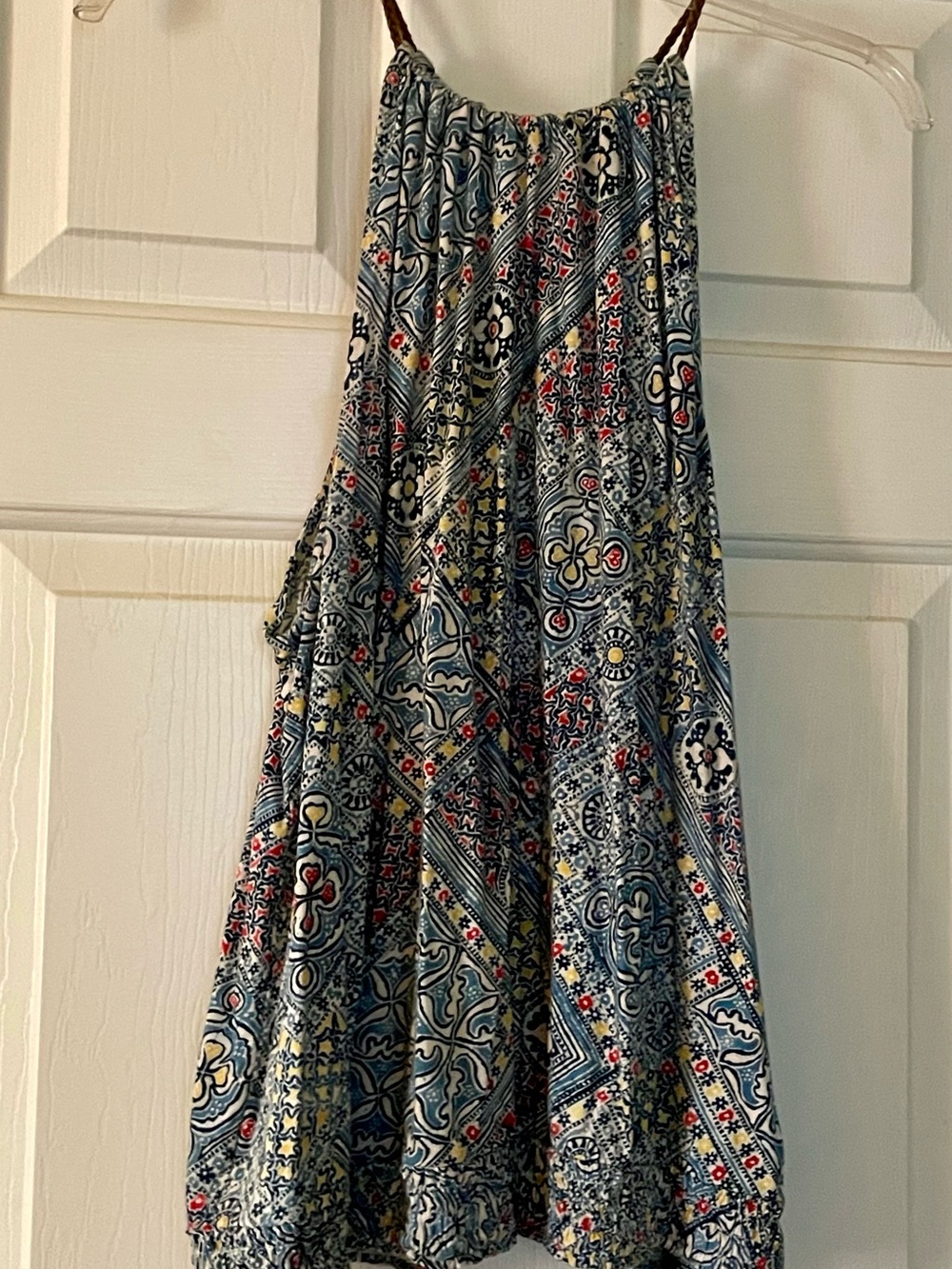 Chaps Cool Preppy long Halter with Leather Neck Closure in Blue Multi Print